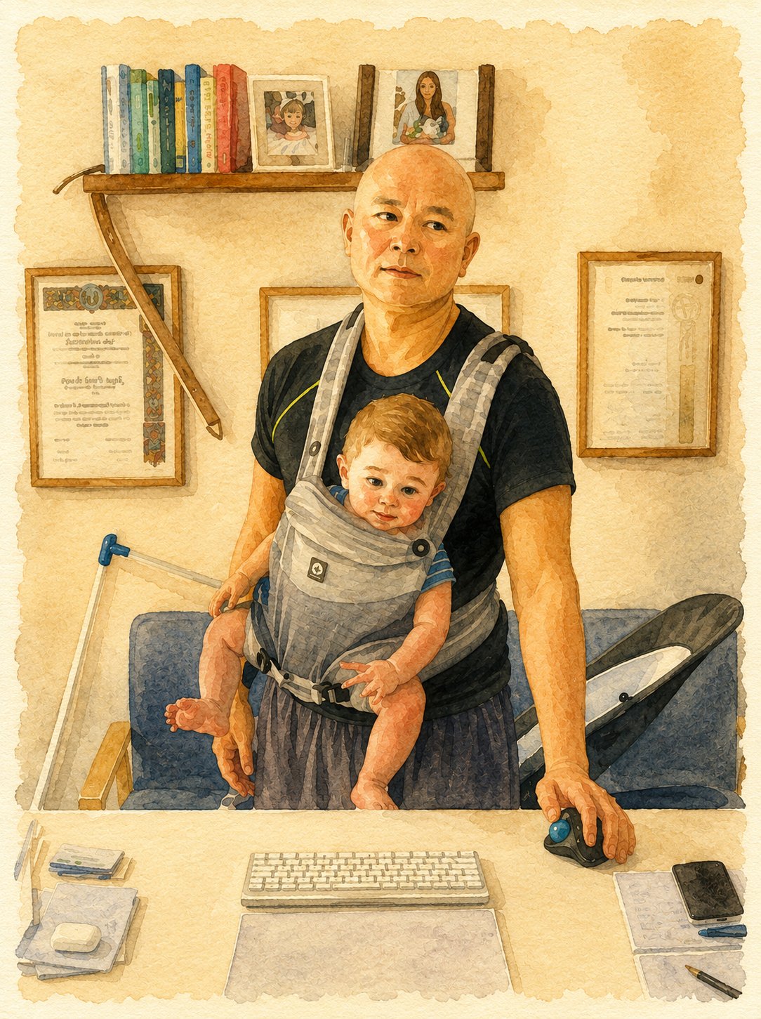 Randy at his desk, working with Marko in a baby carrier