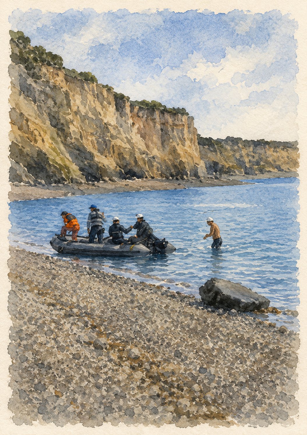The support boat near the cliffs