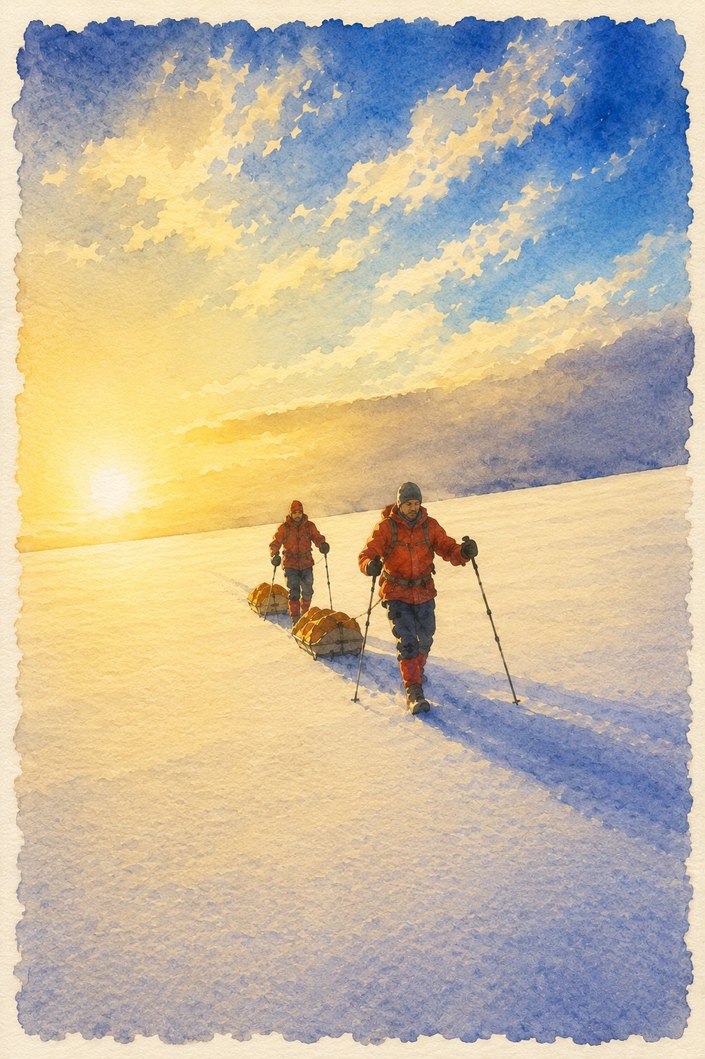 Two figures pulling sleds toward the South Pole